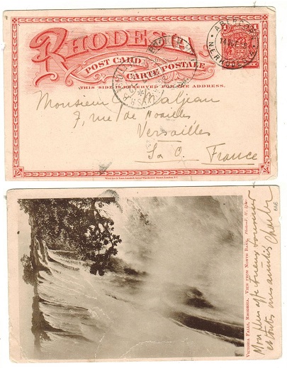 RHODESIA - 1899 1d brick red illustrated PSC to France used at ABERCORN/N.E.RHODESIA.  SG 11a.