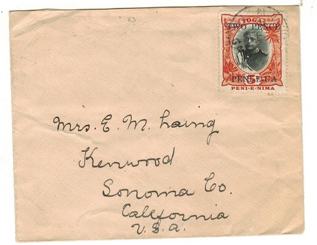 TONGA - 1924 2d on 5d surcharge cover to USA used at NUKUALOFA/TONGA.