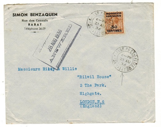 MOROCCO AGENCIES - 1936 50c on 5d rate cover to UK used at BPO/RABAT.