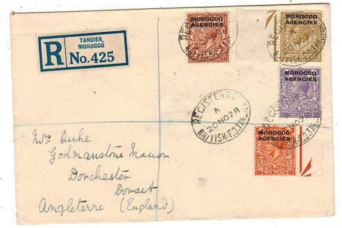 MOROCCO AGENCIES - 1928 multi-franked British Zone registered cover to UK used at BPO/TANGIER.