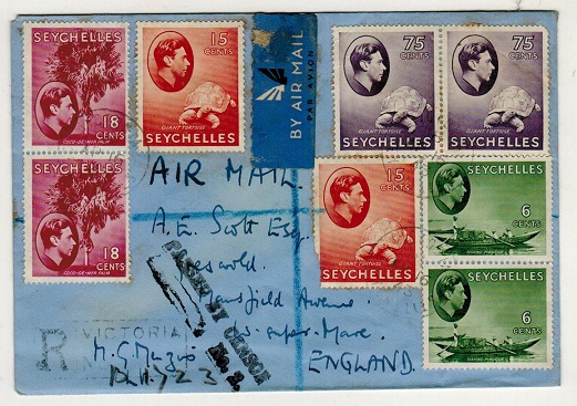 SEYCHELLES - 1943 multi franked registered