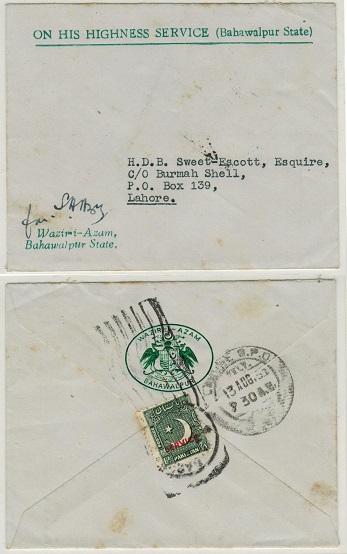 BAHAWALPUR - 1951 cover to Pakistan bearing Pakistan SERVICE stamp used at BAGHDADUL JADID. 