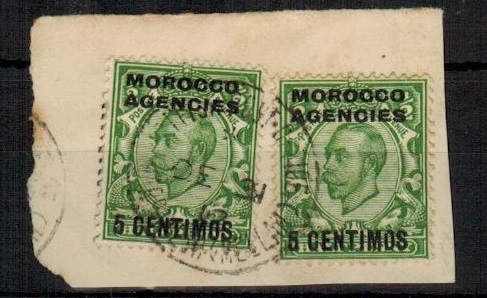MOROCCO AGENCIES - 1912 5c on 1/2d (x2) tied to piece by MARRAKESH/(MELLAH)