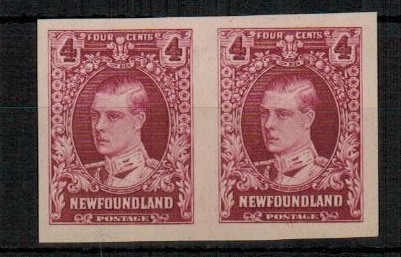 NEWFOUNDLAND - 1929 4c IMPERFORATE PLATE PROOF pair on ungummed cream paper.
