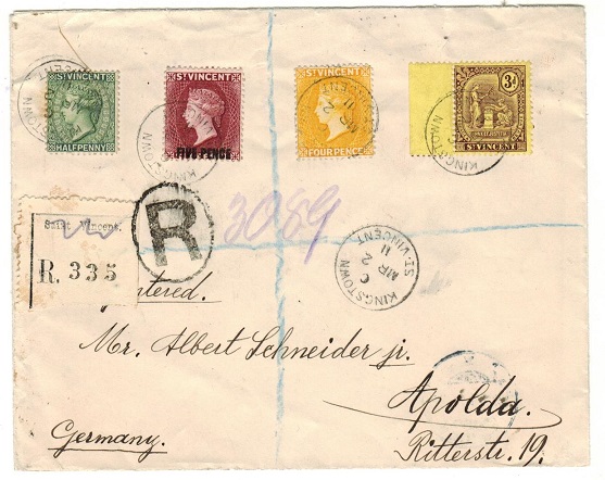 ST.VINCENT - 1911 multi franked registered cover to Germany used at KINGSTOWN.