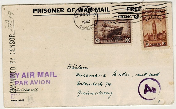 CANADA - 1942 censored PRISONER OF WAR letter sheet to Germany.