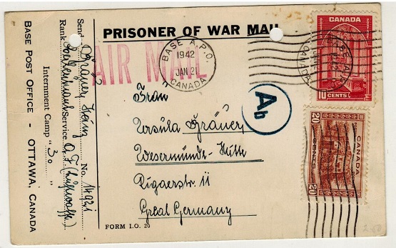 CANADA - 1942 PRISONER OF WAR postcard addressed to Germany.