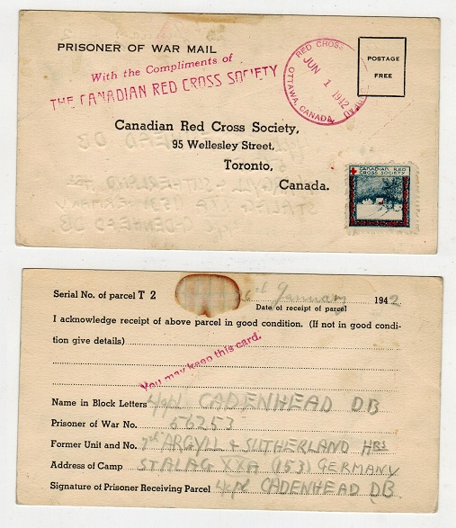CANADA - 1942 PRISONER OF WAR postcard to Germany with rare CANADA RED CROSS label attached.