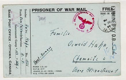 CANADA - 1944 censored PRISPONER OF WAR postcard addressed to Germany.