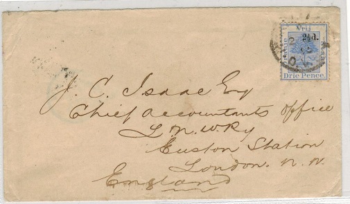 ORANGE FREE STATE - 1895 2 1/2d on 3d blue on cover to UK used at BLOEMOMFONTEIN.
