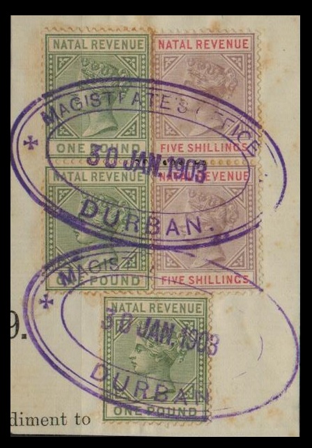 NATAL - 1886 5/- (x2) and 1 (x3) REVENUES on piece used at MAGISTRATES OFFICE/DURBAN.