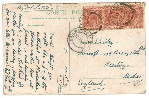 CEYLON - 1907 6c rate postcard use to UK used at WATTEBAMA with RAILWAY POST OFFICE cds.