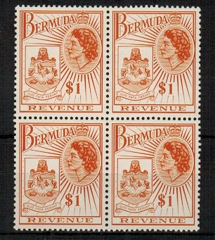 BERMUDA - 1970 $1 orange-brown REVENUE unmounted mint block of four.