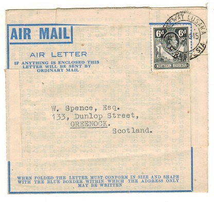 NORTHERN RHODESIA - 1945 6d rate use of FORMULA air letter to UK used at CAUSEWAY LUSAKA.