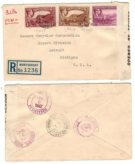 MONTSERRAT - 1941 1/ 4 1/2d registered cover to USA with scarce OPENED BY CENSOR label applied.