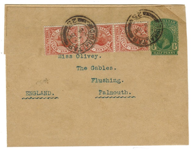 GIBRALTAR - 1912 1/2d green postal stationery wrapper uprated to UK.  H&G 12.