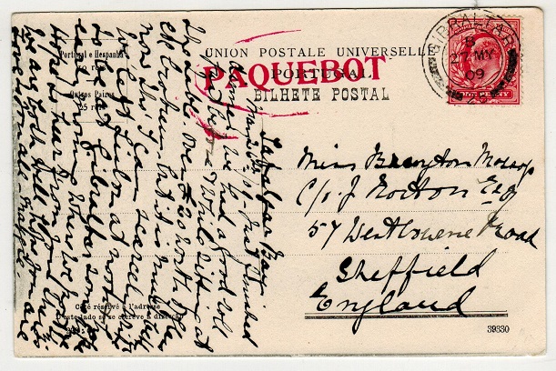 GIBRALTAR - 1909 1d rate PAQUEBOT postcard use to UK.