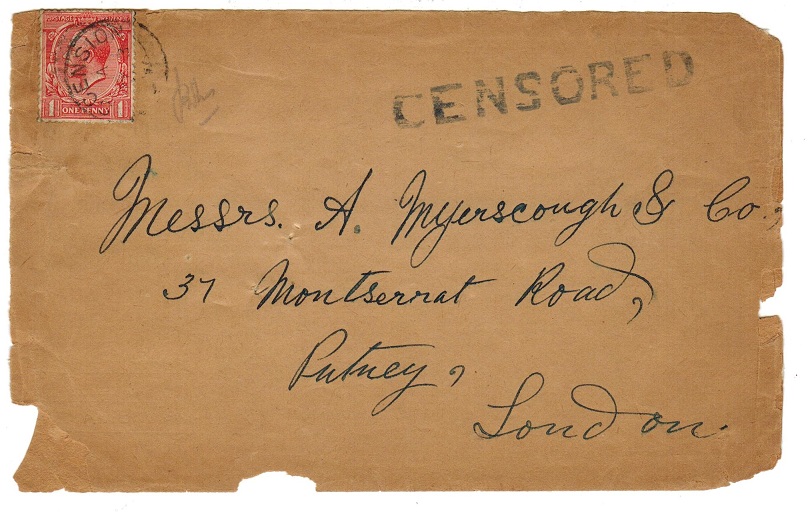 ASCENSION - 1914 (circa) CENSORED cover with GB 1d tied ASCENSION.
