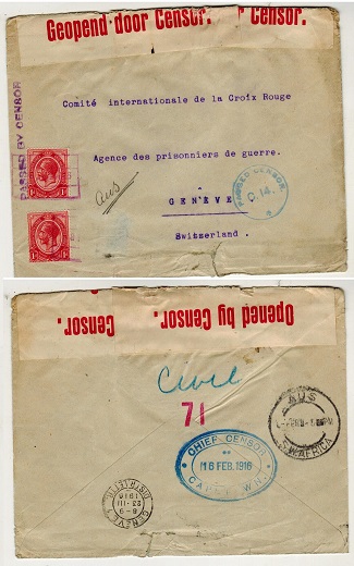 SOUTH WEST AFRICA - 1916 2d rate censored cover to Switzerland used at AUS with red boxed cancel.