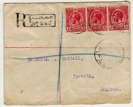 GOLD COAST - 1919 3d rate registered cover to UK used at JUASO/GOLD COAST.