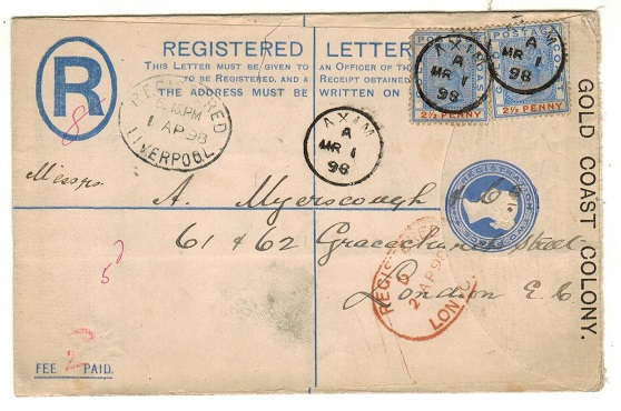 GOLD COAST - 1894 2d blue RPSE uprated to UK used at AXIM.  H&G 5a.