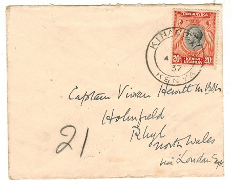 K.U.T. - 1937 20c rate cover to UK used at KINANGOP/KENYA.