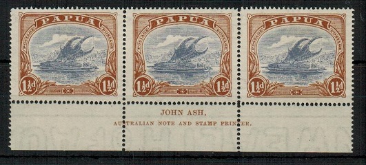 PAPUA - 1925 1 1/2d pale grey blue and brown mint JOHN ASH imprint strip of three.  SG 95.