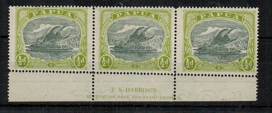 PAPUA - 1919 1/2d myrtle and apple green mint T.S.HARRISON imprint strip of three.  SG 93.
