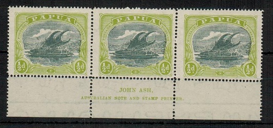 PAPUA - 1919 1/2d myrtle and pale olive green mint JOHN ASH imprint strip of three.  SG 93a.