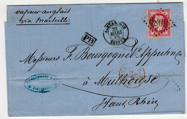EGYPT - 1868 outer wrapper to France bearing French 80c red tied by 