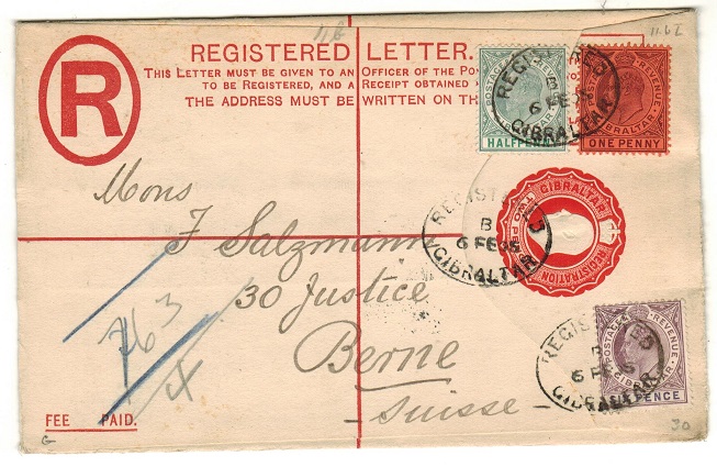 GIBRALTAR - 1902 2d red RPSE uprated to Switzerland.  H&G 11b.