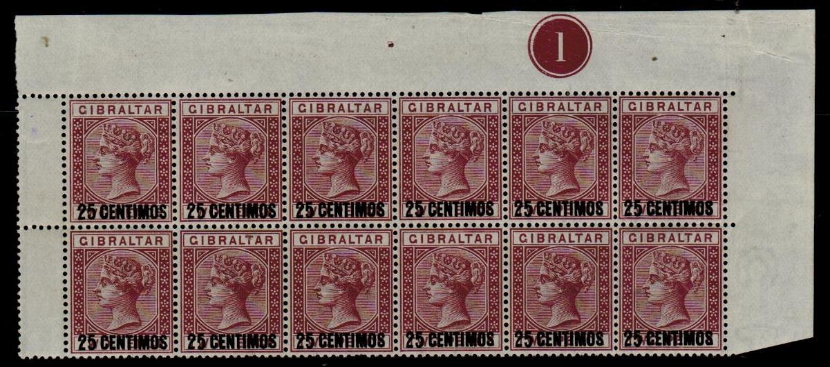 GIBRALTAR - 1889 25c on 2d brown purple mint block of 12 with SHORT FOOT 5 variety.  SG 17/17a.