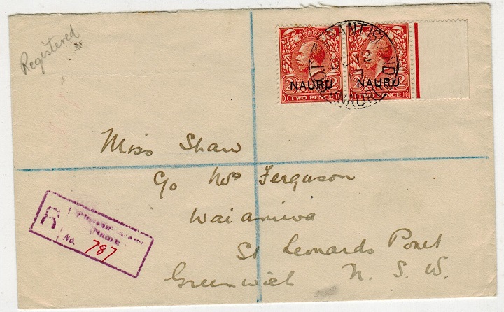 NAURU - 1917 4d rate registered cover to Australia used at PLEASANT ISLAND.