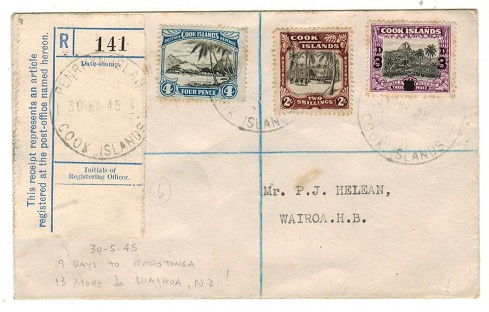 PENRHYN - 1945 2/7d rate registered cover to New Zealand.