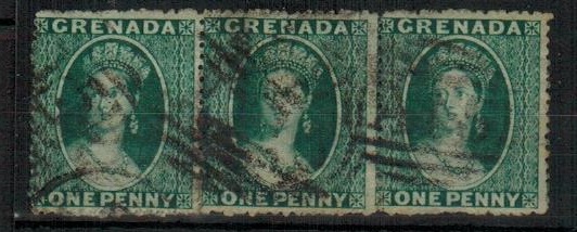 GRENADA - 1873 1d blue green used strip of three.  SG 11.