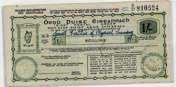 IRELAND - 1954 (18.1.) issued 1/- green on cream uncashed IRISH POSTAL ORDER in fine condition.
