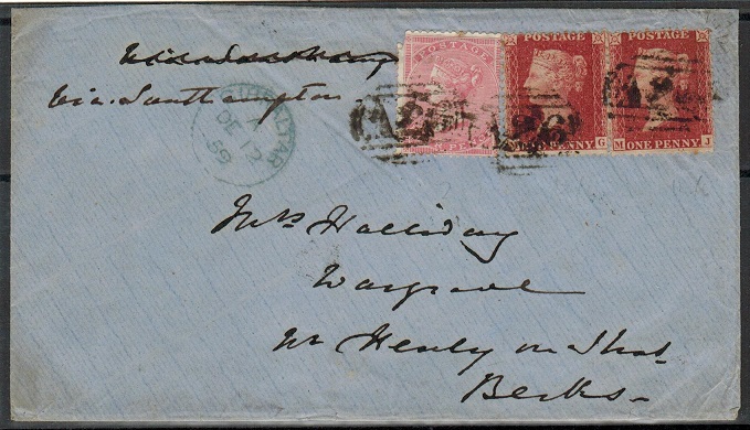 GIBRALTAR - 1859 6d rate cover to UK with GB 1d red (x2) and 4d tied 
