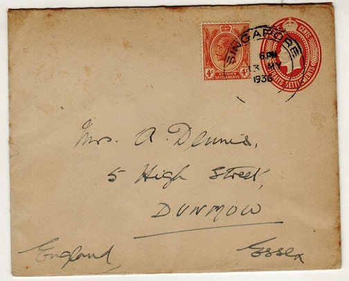 SINGAPORE - 1935 4c brown-orange PSE of Straits Settlements to UK uprated. H&G 3.