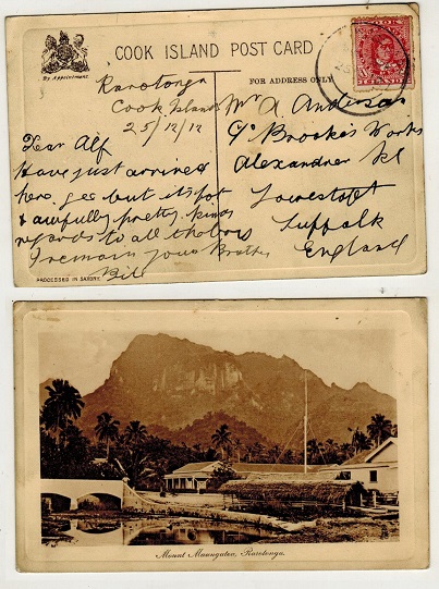 COOK ISLANDS - 1912 1d rate postcard use to UK on Christmas Day.