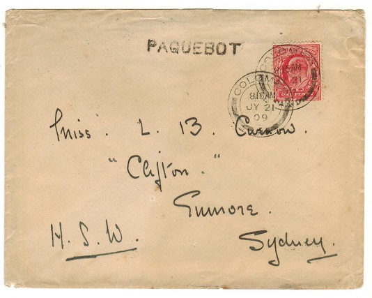 CEYLON - 1909 cover to Australia with 