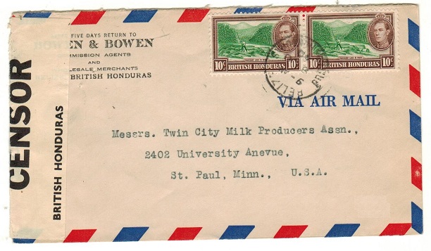 BRITISH HONDURAS - 1940 20c rate commercial censor cover to USA with scarcer Little CL1 label.
