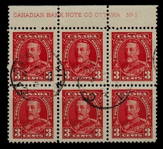 CANADA - 1935 3c scarlet OTTAWA No.1 imprint used block of six.  SG 343