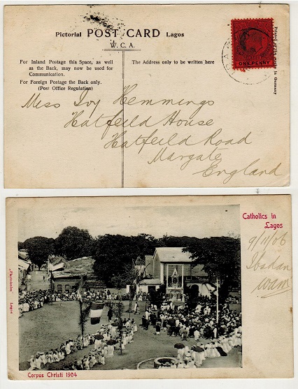 LAGOS - 1906 1d rate postcard use to UK used at IBADAN.