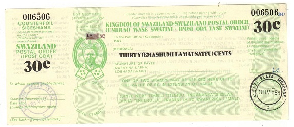 SWAZILAND - 1988 issued 30c green SWAZILAND POSTAL ORDER.