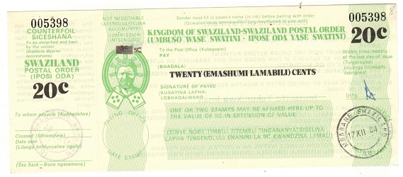 SWAZILAND - 1984 issued 20c green SWAZILAND POSTAL ORDER.