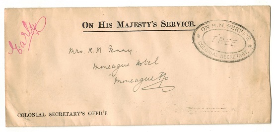JAMAICA - 1914 OHMS cover struck FREE/COLONIAL SECRETARY used at MONEAGUE.