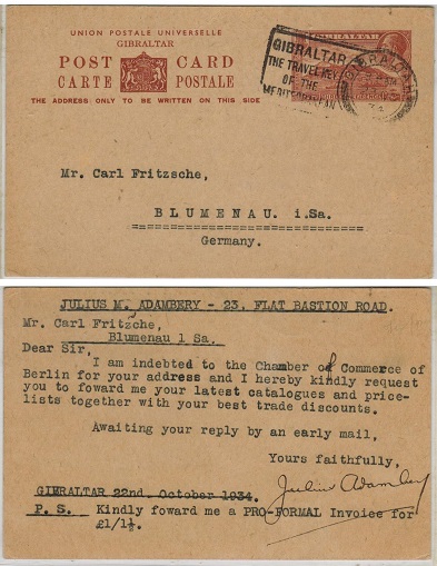 GIBRALTAR - 1934 1 1/2d brown PSC to Germany.  H&G 31.