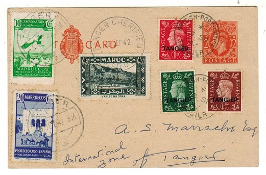MOROCCO AGENCIES - 1942 philatelic use of GB 2d PSC used at GB, French and Spanish offices.