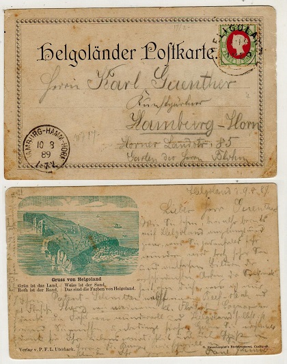 HELIGOLAND - 1889 1 1/2d / 10pfg rate postcard use to Germany.