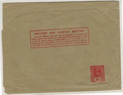 CEYLON - 1903 6c red postal stationery wrapper unused.  H&G 7.